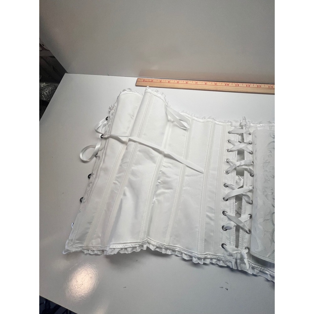 White Brocade Corset Bustier Lace Trim Ribbon Tie Boned Cincher Wtchycore Small - Picture 7 of 7